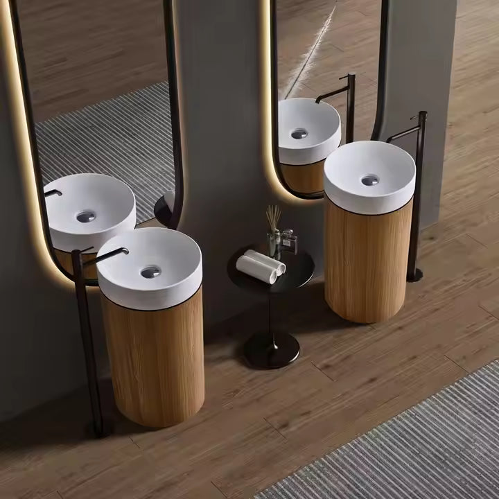 Modern Round Artificial Stone Basin with Wood‑Grain SS Pedestal – Stylish Freestanding Sink