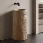 Wabi‑Sabi Style Round White Wood‑Grain Travertine Artificial Stone Basin – 400 × 400 × 860 mm Freestanding Pedestal Sink