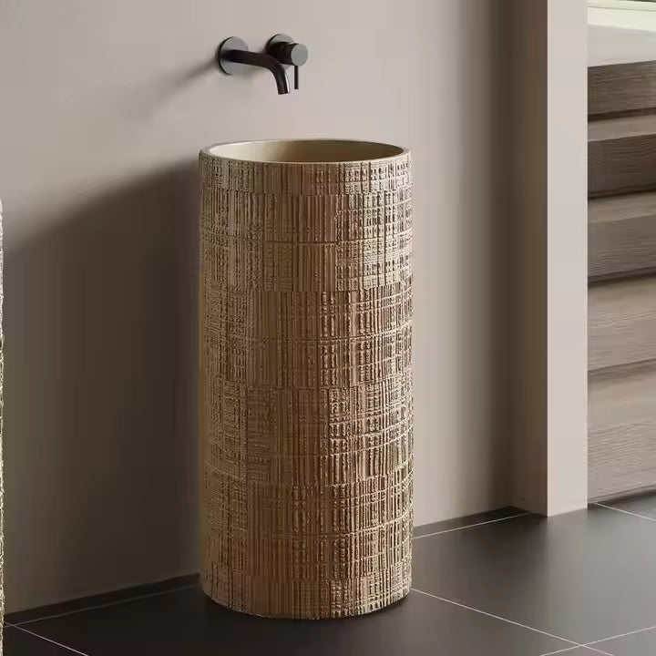 Wabi‑Sabi Style Round White Wood‑Grain Travertine Artificial Stone Basin – 400 × 400 × 860 mm Freestanding Pedestal Sink