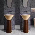 Luxury Cream Artificial Stone Pedestal Wash Basin Wood‑Grain Stainless Steel Base