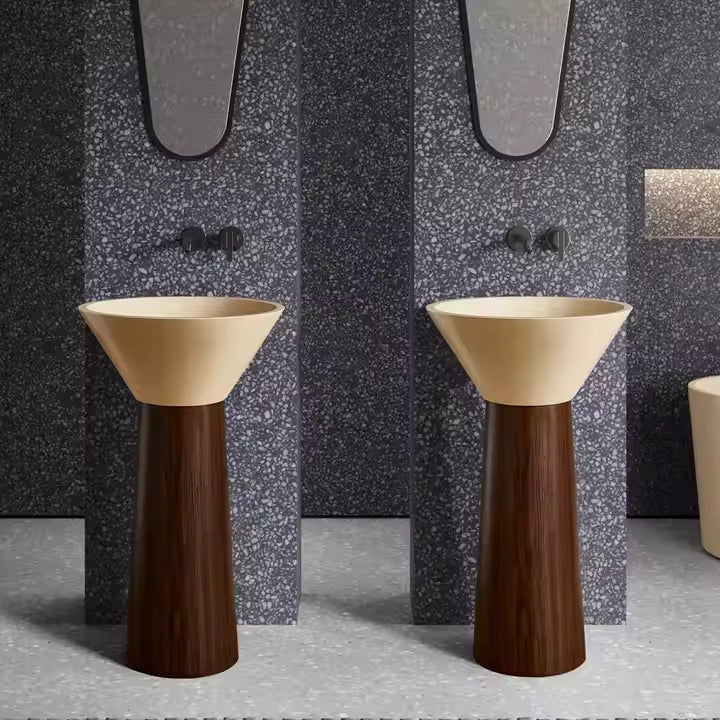 Luxury Cream Artificial Stone Pedestal Wash Basin Wood‑Grain Stainless Steel Base
