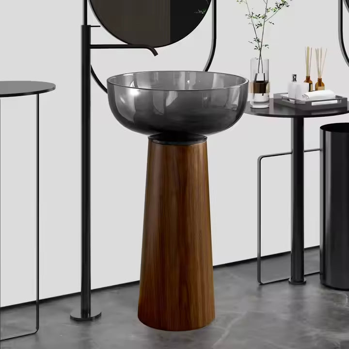 Modern Freestanding Washbasin with Wood Grain Stainless Steel Base and Grey Transparent Resin Basin Art Bathroom Pedestal Sink