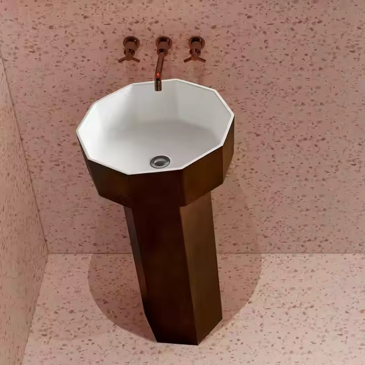 Antique Style Lectroplate Red Bronze Artificial Stone Freestanding Floor Standing Washbasin Bathroom Pedestal Hand Washing Sink
