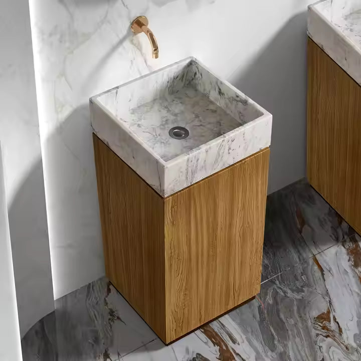 Wood Grain Stainless Steel With White Marble Freestanding Basin