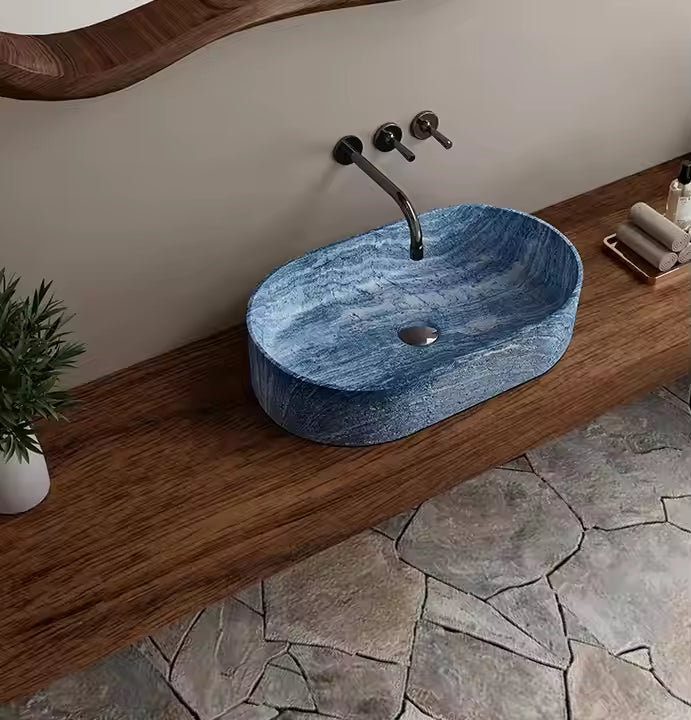 Italian Minimalist Luxury Stone Countertop Basin Sink Designer Onyx Elliptical Washbasin Blue Marble Washbasins