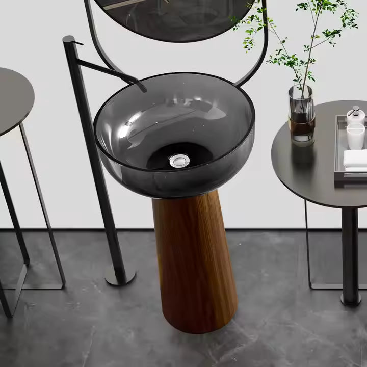 Modern Freestanding Washbasin with Wood Grain Stainless Steel Base and Grey Transparent Resin Basin Art Bathroom Pedestal Sink