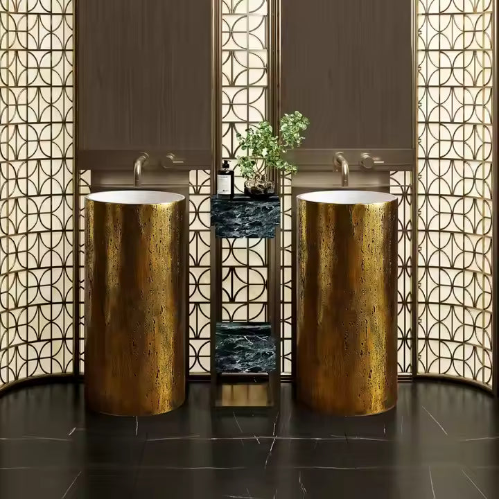 Luxury Freestanding Travertine-Style Basin with Gold Pedestal – Modern Pedestal Sink for UAE Bathrooms 400×400×860 mm)