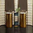 Luxury Freestanding Travertine-Style Basin with Gold Pedestal – Modern Pedestal Sink for UAE Bathrooms 400×400×860 mm)