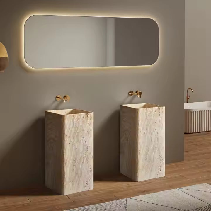Square Yellow Travertine Freestanding Washbasin