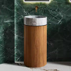 Fashion Design Floor Standing Independent Washbasin with Wood Grain Stainless Steel Base and White Marble Washbasin Combination