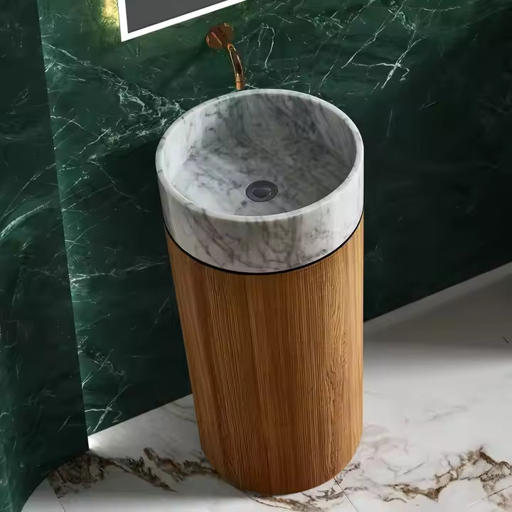 Fashion Design Floor Standing Independent Washbasin with Wood Grain Stainless Steel Base and White Marble Washbasin Combination