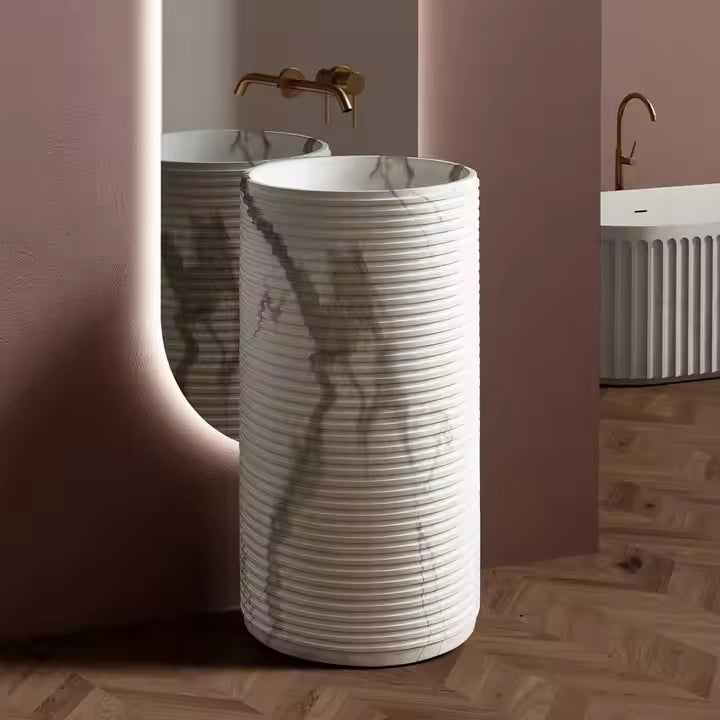 Modern Round Marble‑Pattern Artificial Stone Vessel Sink on Pedestal