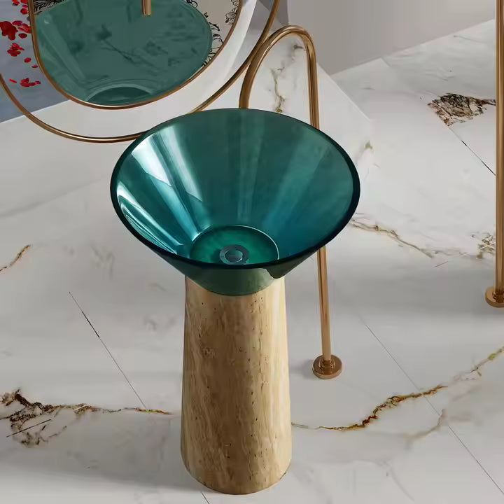 Designer Travertine Pedestal & Blue Translucent Resin Round Vessel Sink