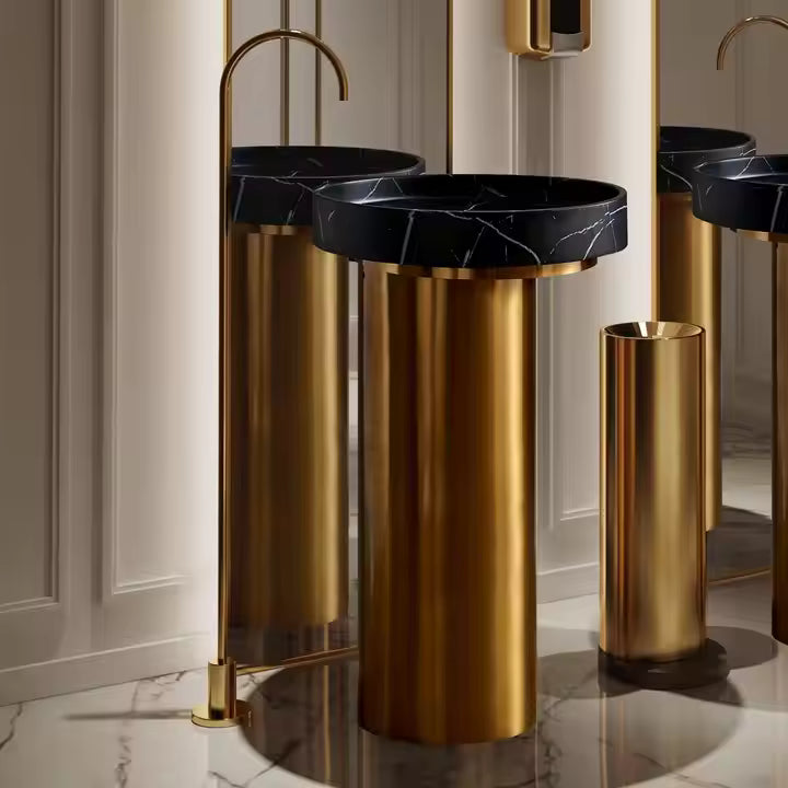 Italian Luxury Gold Finish 304 SS Pedestal Sink with Black Marble Bowl