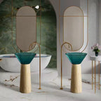 Designer Travertine Pedestal & Blue Translucent Resin Round Vessel Sink
