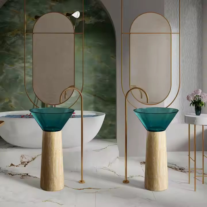 Designer Travertine Pedestal & Blue Translucent Resin Round Vessel Sink