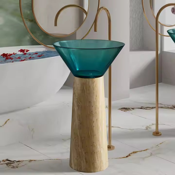 Designer Travertine Pedestal & Blue Translucent Resin Round Vessel Sink