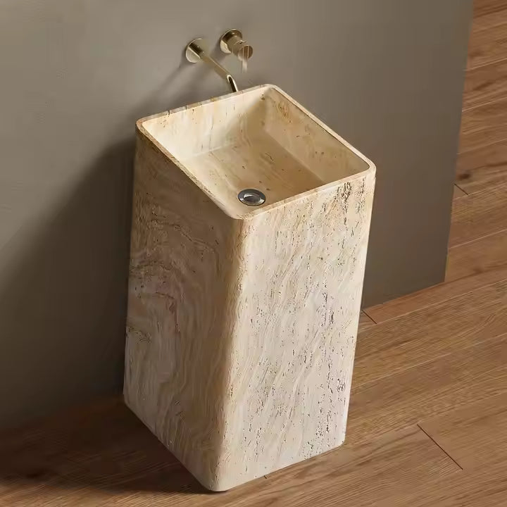 Square Yellow Travertine Freestanding Washbasin