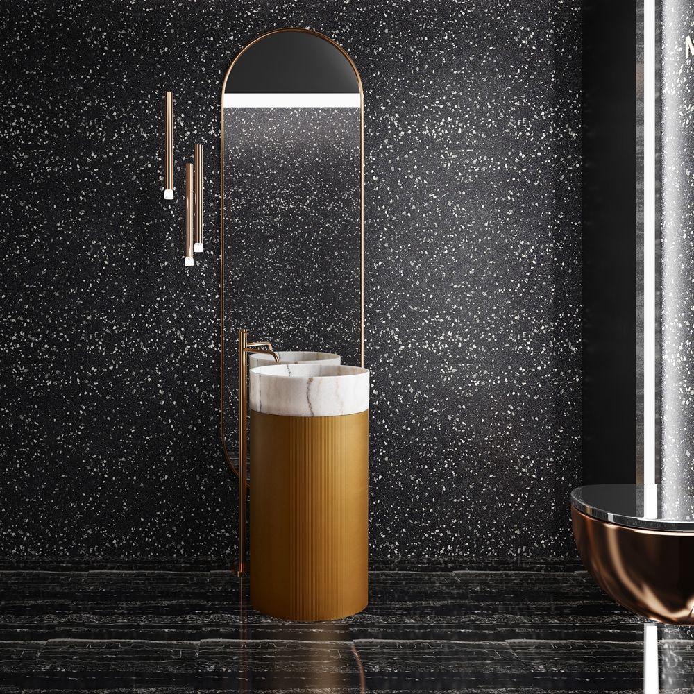 Modern Design Golden Pulling Groove Stainless Steel Pedestal with White Marble Basin Freestanding Round Pedestal Sink Basin