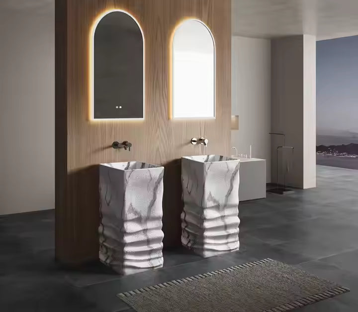 Designer Marble‑Vein Solid Surface Basin – Artistic Resin Vessel Sink