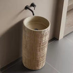 Wabi‑Sabi Style Round White Wood‑Grain Travertine Artificial Stone Basin – 400 × 400 × 860 mm Freestanding Pedestal Sink