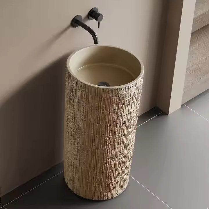 Wabi‑Sabi Style Round White Wood‑Grain Travertine Artificial Stone Basin – 400 × 400 × 860 mm Freestanding Pedestal Sink
