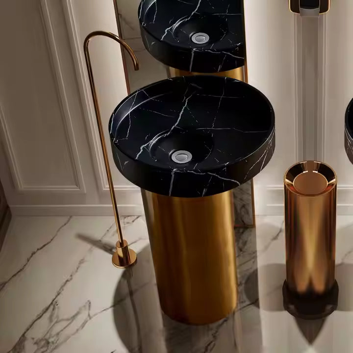 Italian Luxury Gold Finish 304 SS Pedestal Sink with Black Marble Bowl
