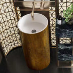 Luxury Freestanding Travertine-Style Basin with Gold Pedestal – Modern Pedestal Sink for UAE Bathrooms 400×400×860 mm)