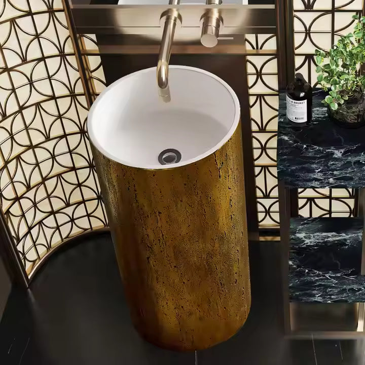 Luxury Freestanding Travertine-Style Basin with Gold Pedestal – Modern Pedestal Sink for UAE Bathrooms 400×400×860 mm)