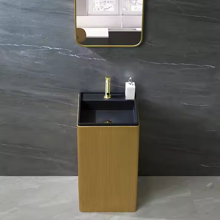 Luxury Modern Black Gold Square Shape Solid Surface Freestanding Washbasin