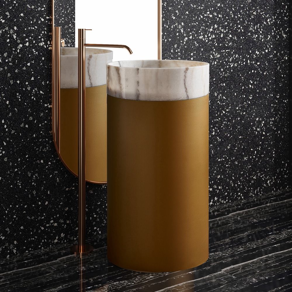 Modern Design Golden Pulling Groove Stainless Steel Pedestal with White Marble Basin Freestanding Round Pedestal Sink Basin