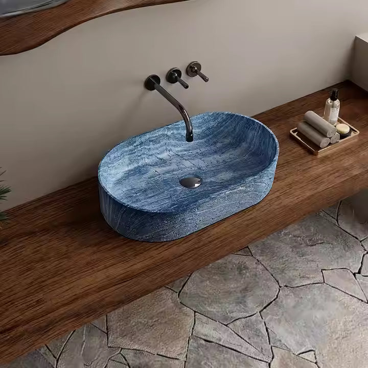 Italian Minimalist Luxury Stone Countertop Basin Sink Designer Onyx Elliptical Washbasin Blue Marble Washbasins