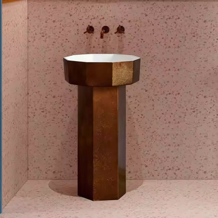 Antique Style Lectroplate Red Bronze Artificial Stone Freestanding Floor Standing Washbasin Bathroom Pedestal Hand Washing Sink