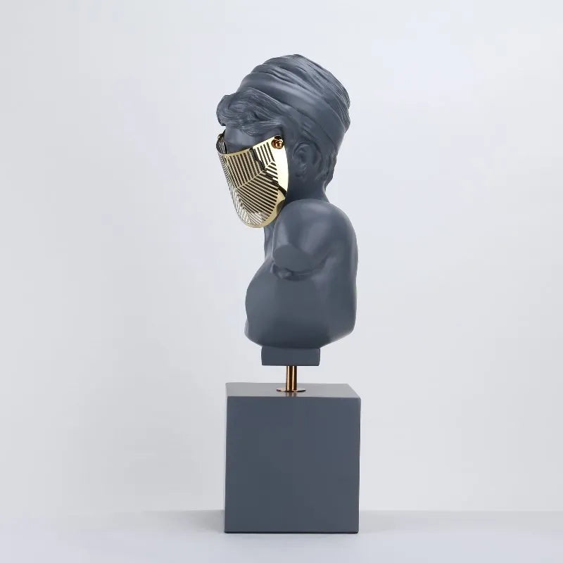 Mysterious Allure: Female Head with Metal Mask Sculpture