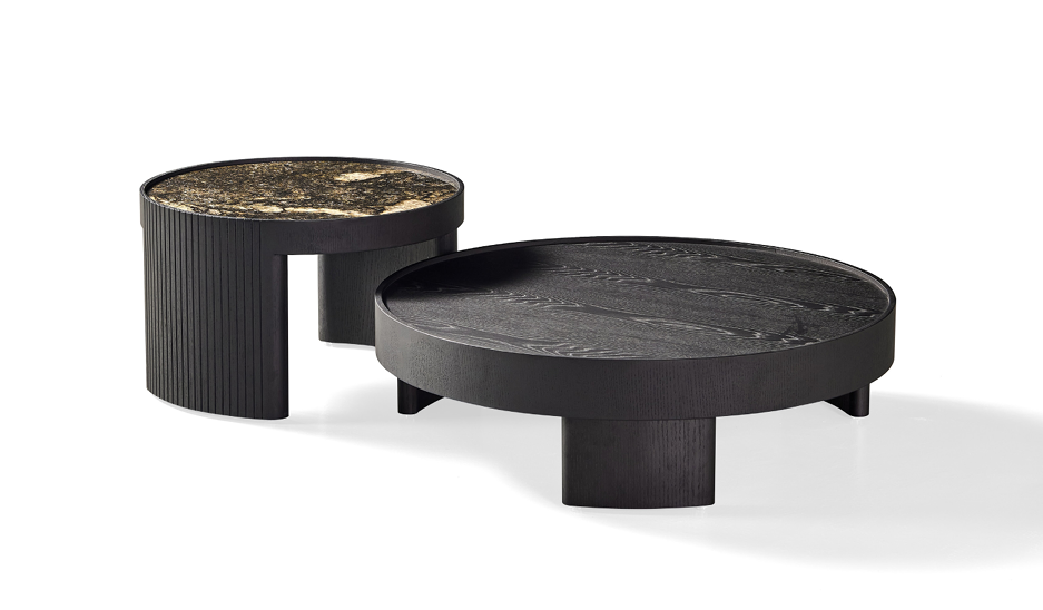 Two black marble coffee tables on a white background