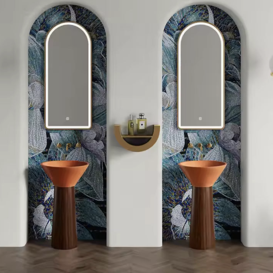 Terracotta Funnel Basin with Wood Grain Pedestal