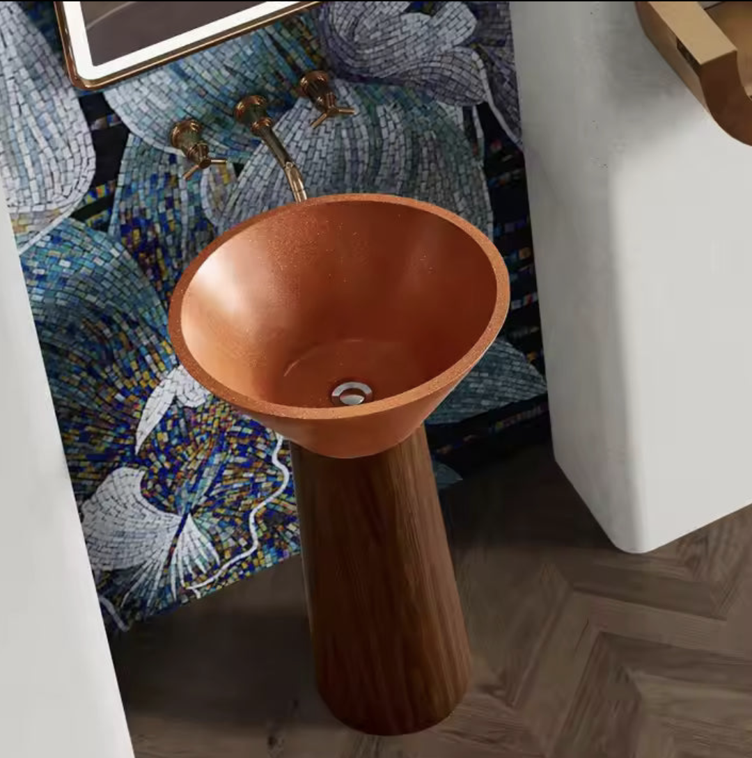 Terracotta Funnel Basin with Wood Grain Pedestal