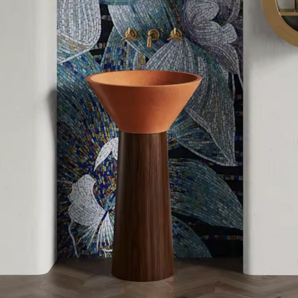 Terracotta Funnel Basin with Wood Grain Pedestal