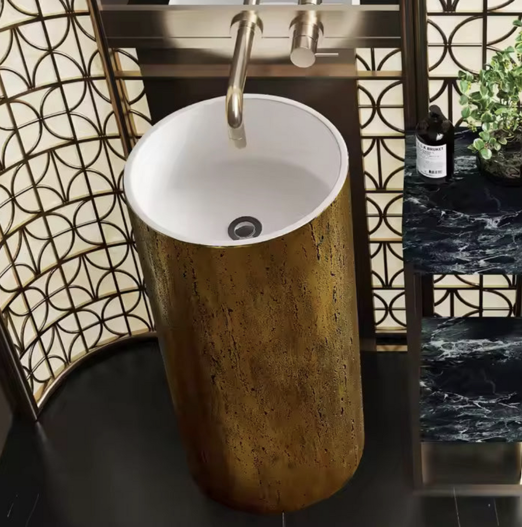 Travertine Gold Pedestal Basin – Aureo