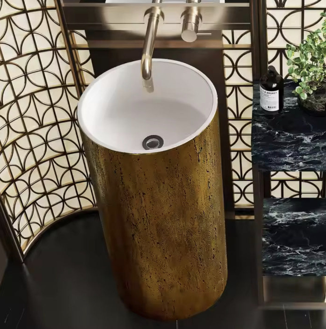 Travertine Gold Pedestal Basin – Aureo