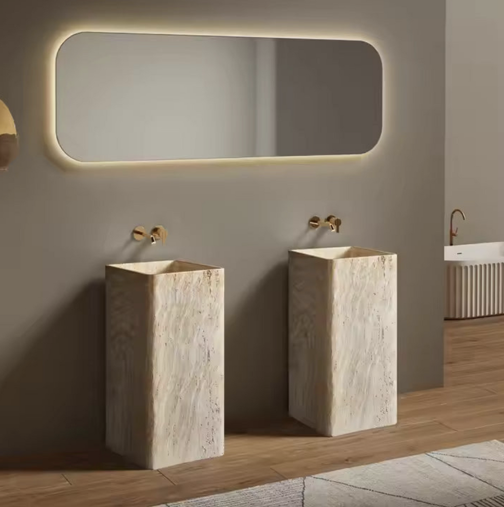 Golden Travertine Pedestal Basin – Sand Luxe
