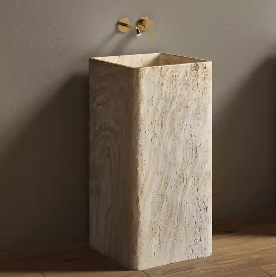 Golden Travertine Pedestal Basin – Sand Luxe