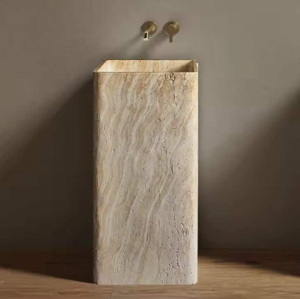 Golden Travertine Pedestal Basin – Sand Luxe