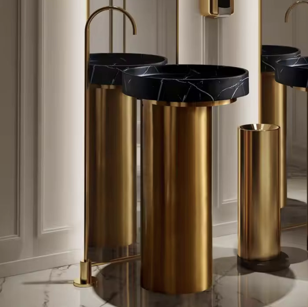 Luxury Gold Pedestal Sink with Black Marble Basin – Designer Edition