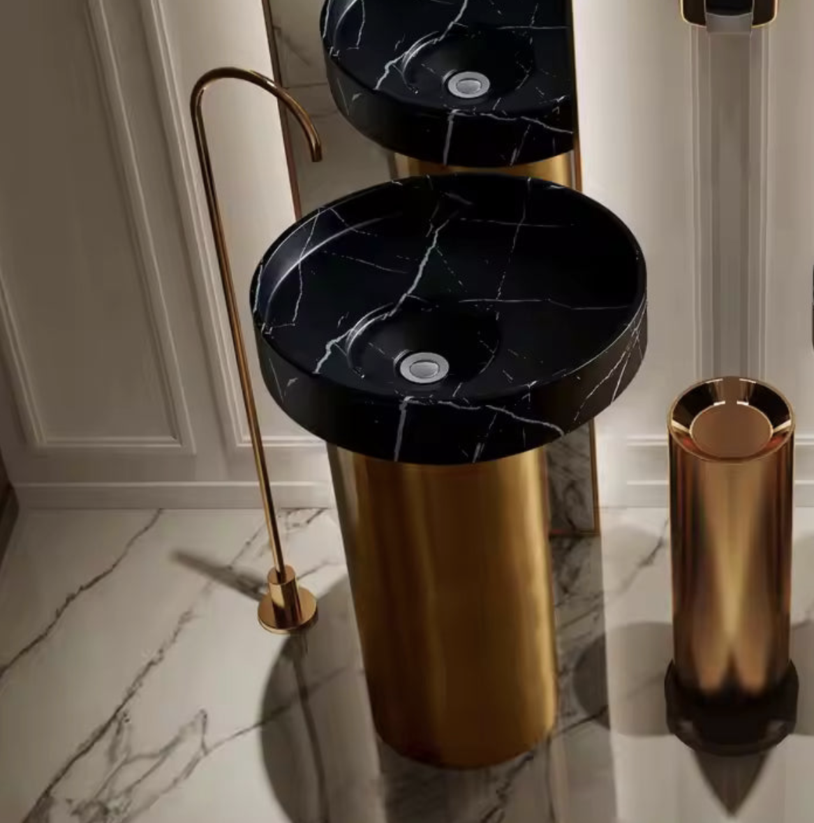 Luxury Gold Pedestal Sink with Black Marble Basin – Designer Edition