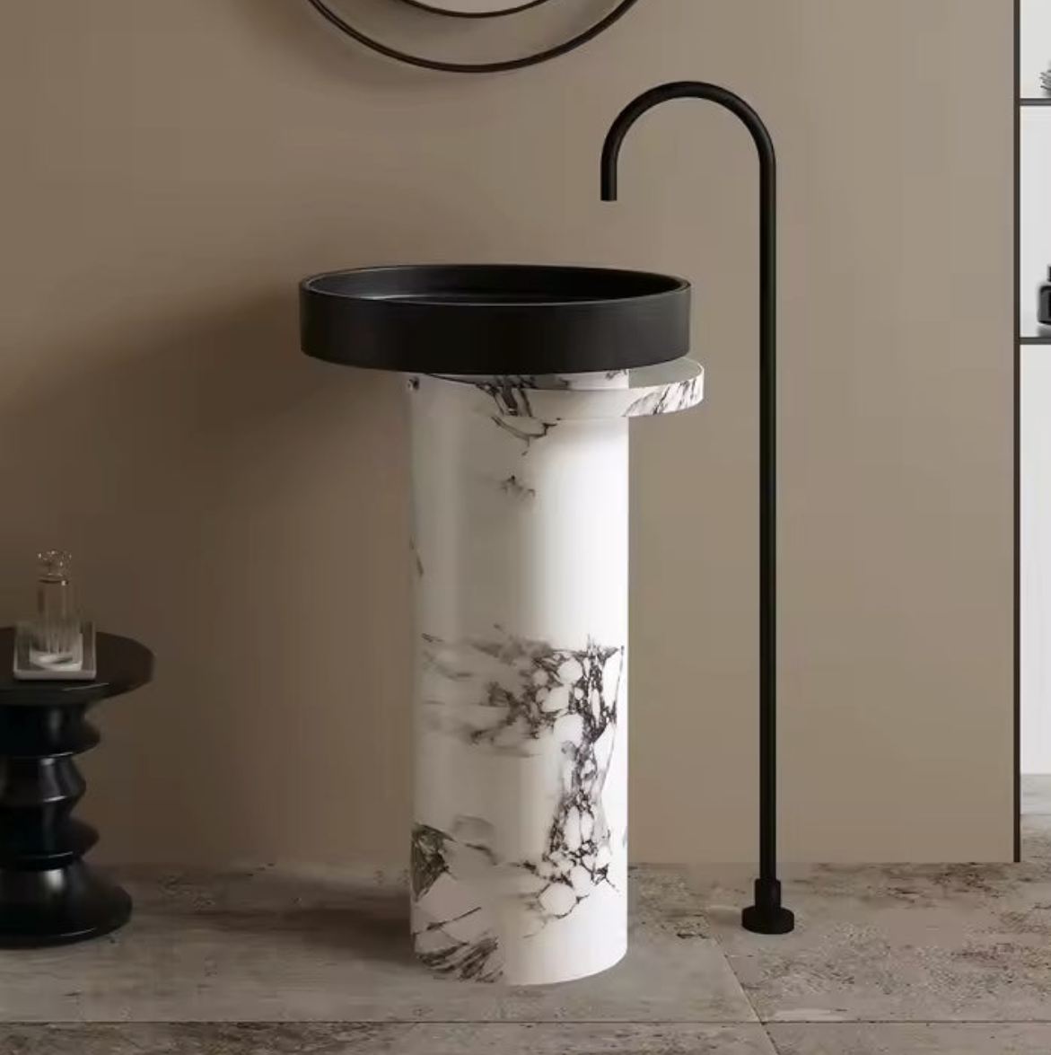 Black Round Basin with Marble Pedestal