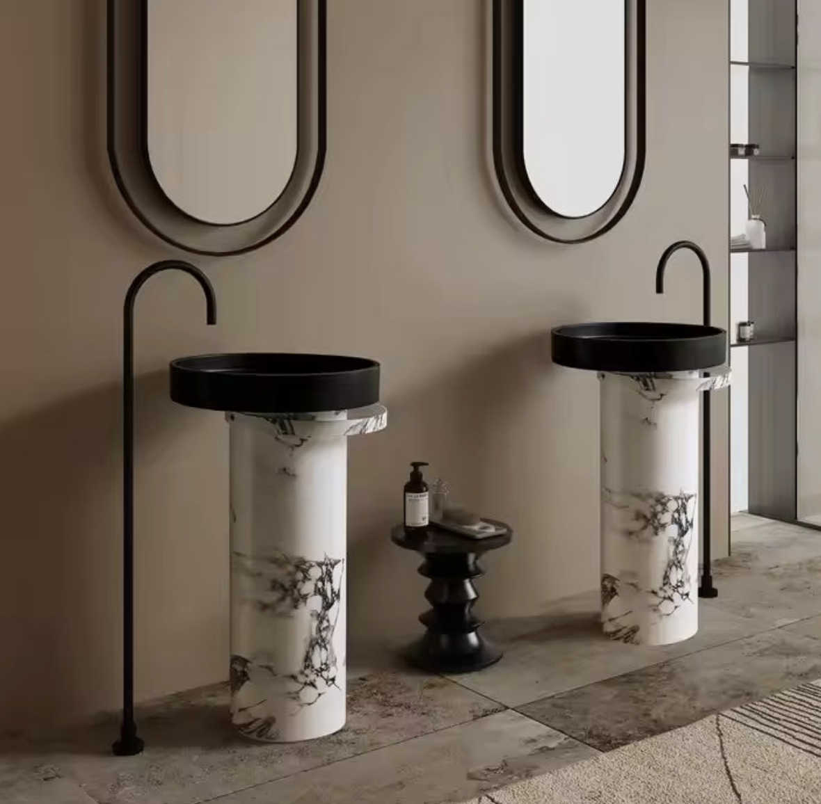 Black Round Basin with Marble Pedestal
