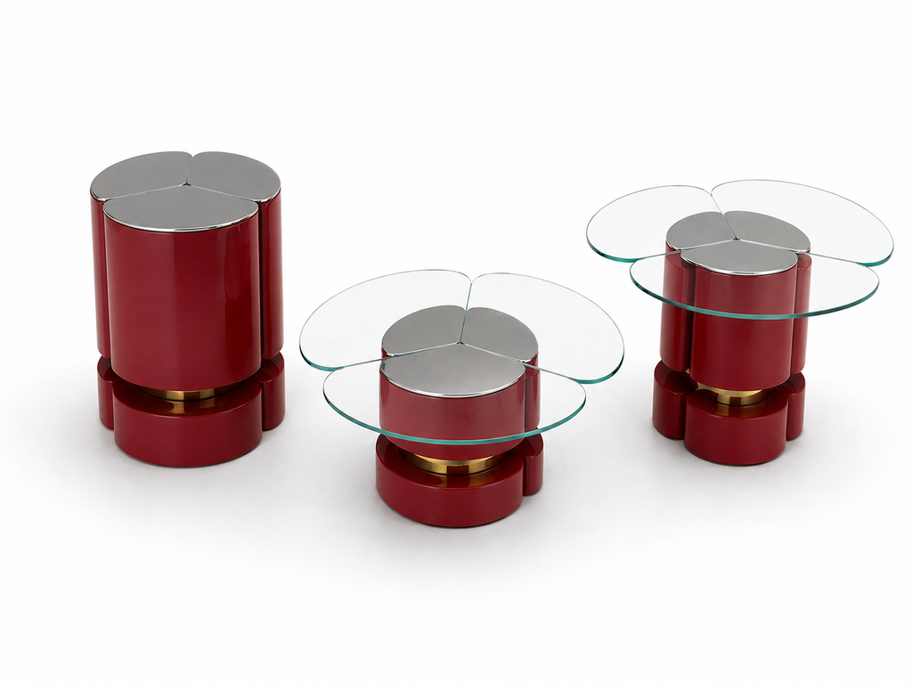 Set of red cylindrical tables with glass tops on a white background