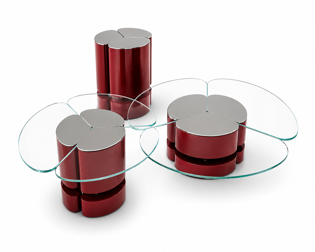 Modern glass coffee table with red cylindrical bases on a white background