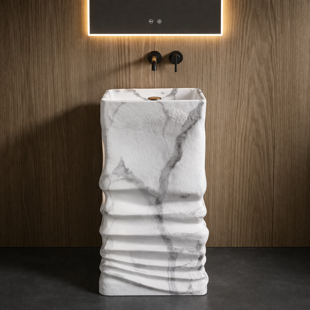 Marble Vein Resin Stone Freestanding Pedestal Basin